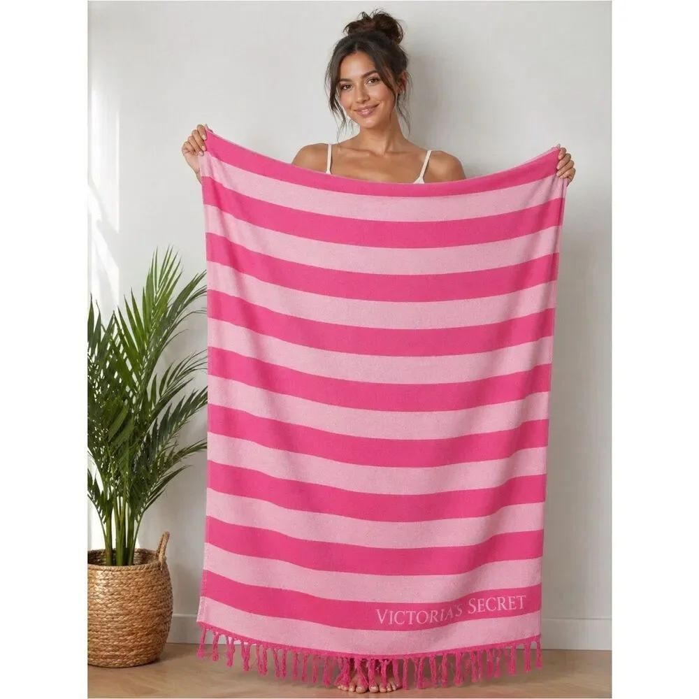 Limited Edition Rare Victoria Secrets PINK Striped Beach Towel Blanket 54”x40”